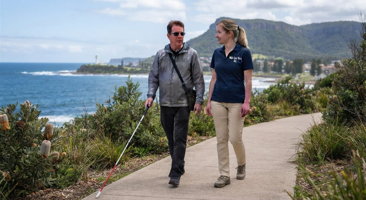 A person with low vision using a long cane, walking alongside an Orientation and Mobility specialist, on a scenic coastal footpath in Wollongong, with the ocean and coastal escarpment in the background.